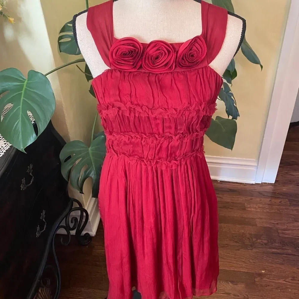 Burlapp Sz 4 💯 Silk Rosette Limed Red Dress - Picture 6 of 13